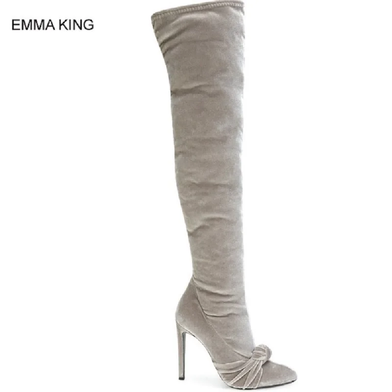 

2019 Velent Over The Knee High Heels Pointed Toe Women Boots Winter Warm Botas Mujer Butterfly Knot Stretch Fabric Fashion Boots