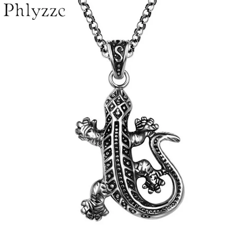 Antiqued Stainless steel Textured Lizard Pendant Necklace Men Boy