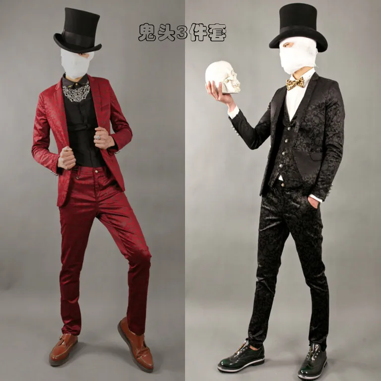 2016 New Men's fashion set suit dark skull slim suit skull printed suit Singer cosutmesin Suits
