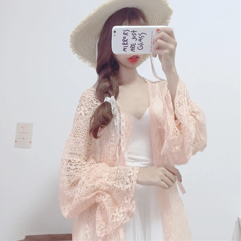

2018 Japanese Soft Sister Casual Long kimono Cardigan Korean Summer Sunscreen Shirt Loose Beach Lace Chiffon Outwear Blouse Tops