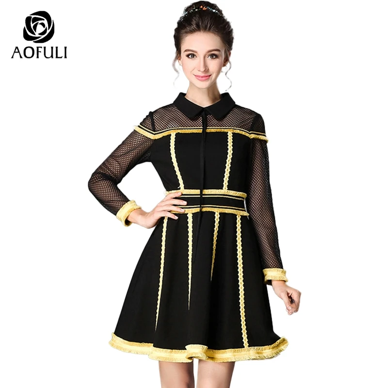 

L- 3XL Brand Sexy Hollow Out Party Dresses Tassel Lace Patches Long Sleeve Black Knee-length Dress For Fiesta/dinner 5881