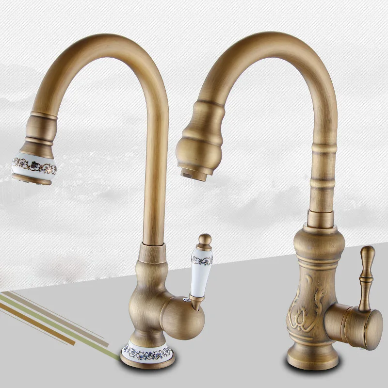 Brass Antique Deck Mount Kitchen Sink Mixer Taps Single Lever Swivel Rotation Kitchen Faucet