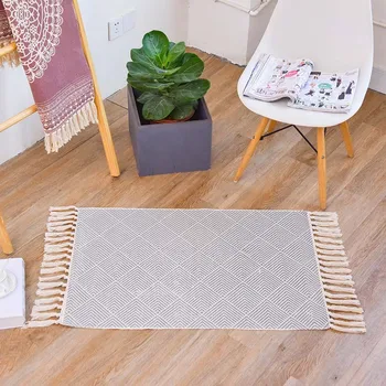 

Bohemia Rectangle Fabric Braided Rugs Door Mat for Living Room Anti-slip Knot Tassel Rugs Gate Pad 60x90cm