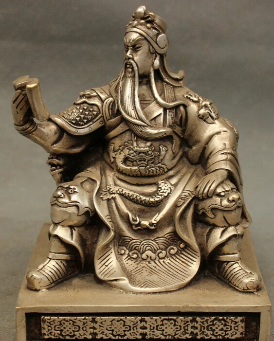 

JP S0606 Folk Chinese Silver Brass Warrior Dragon Head Seat GuanGong GuanYu God Statue