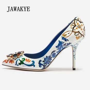 

2019 Elegant High Heel Shoes Woman Pointed Toe Blue White Porcelain Print Rhinestone Dimond Flower Decor Pumps Lady Wedding Shoe