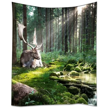 

HommomH Tapestry Art Decor Wall Hanging in Dorm Living Room Bedroom Forest Deer Creek Green