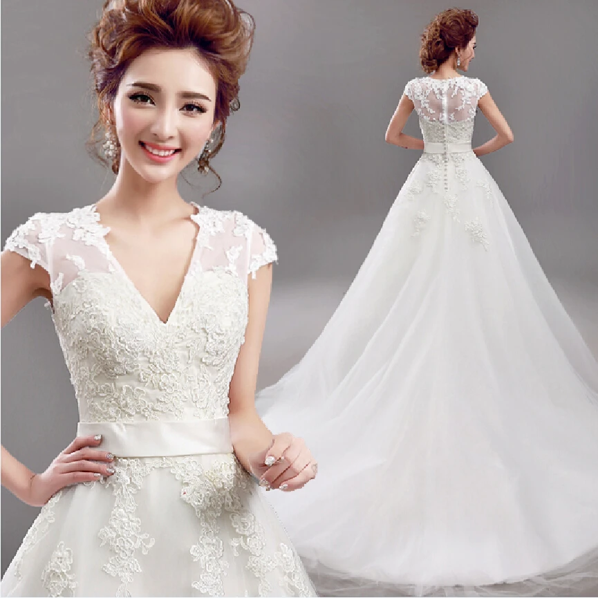 

Fansmile 2019 Vestido De Noiva Short Sleeve V Neck Vintage Lace Ball Wedding Dress Bridal Tulle Mariage FSM-640T