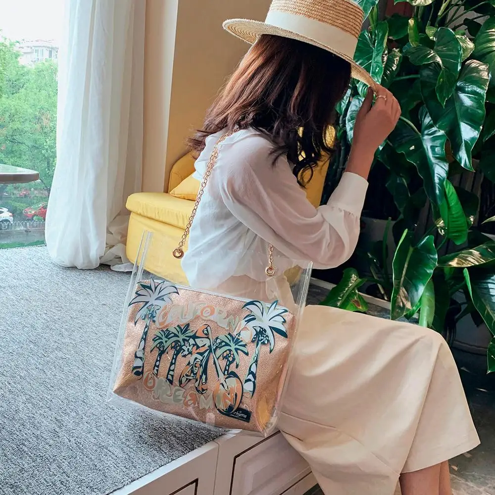 

Fashionable ladies sequin print transparent waterproof square hand single shoulder chain baozi mother beach bags for women 2019
