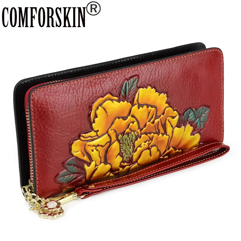 

COMFORSKIN New Arrivals Long Embossing Flower Wallet Genuine Oil Waxing Leather Large Capacity Women Zipper Purse With Hand Rope