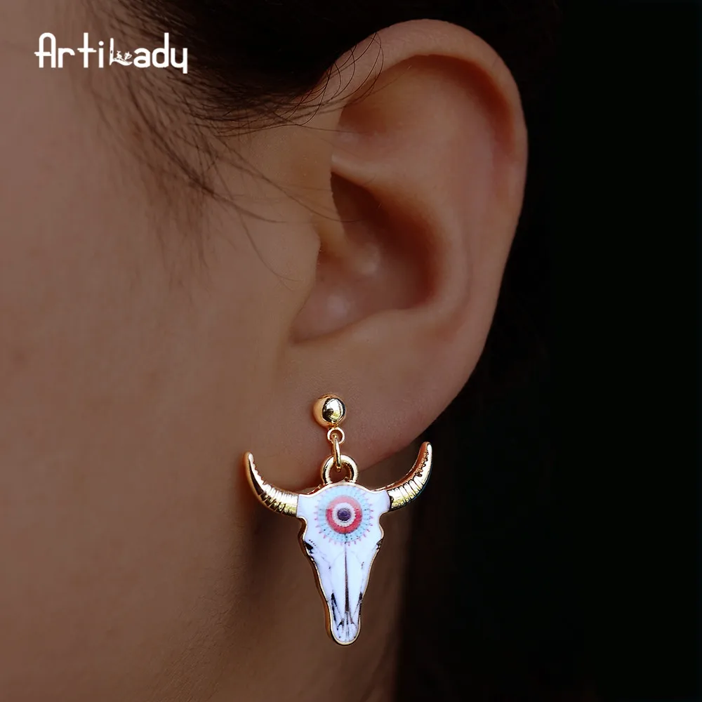 

Artilady bull head with horns dangle earrings enamel animal summer jewelry women's earrings for party gift dropshipping