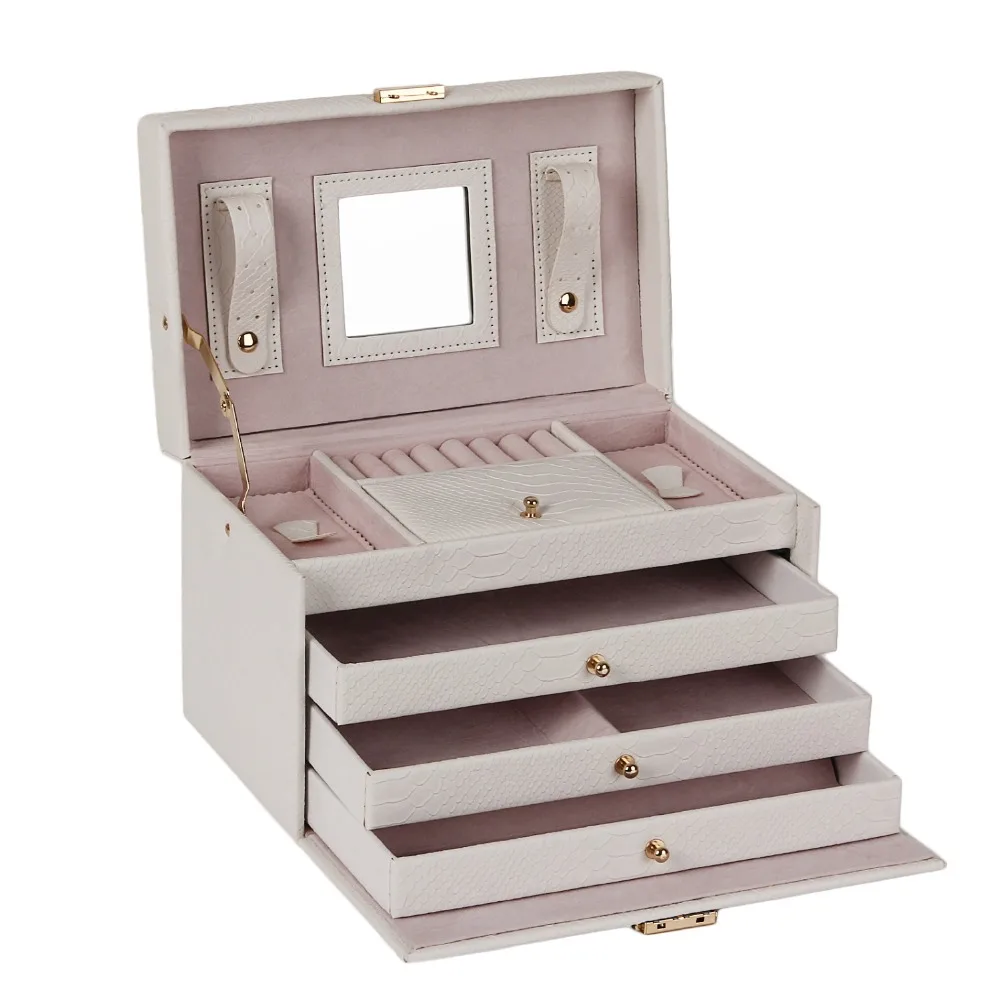 Koop Witte PU Lederen Sieraden Doos Verpakking Display Organizer Meisjes 3 Lades Zwart Ring Oorbel Sieraden Opslag Croc Draagtas