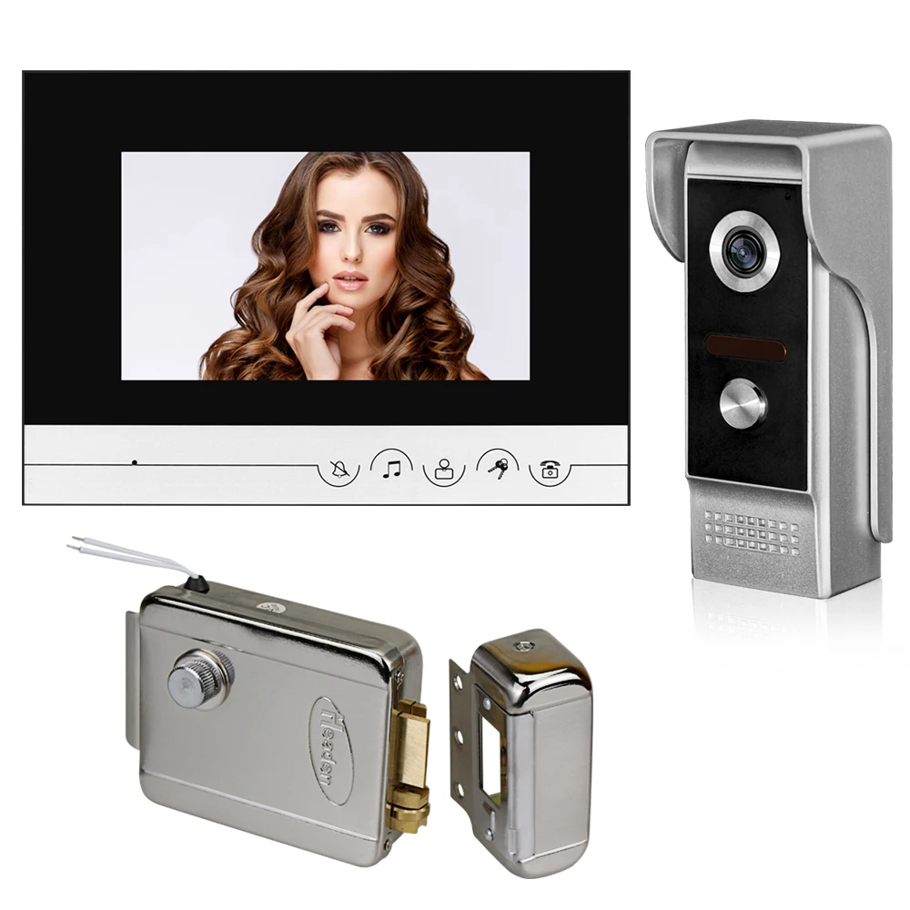 

7'' TFT Color Video Doorphone Intercom System Kit Video Doorbell Camera 700TVL IR Night Vision + Electric Lock+ Monitor for Home