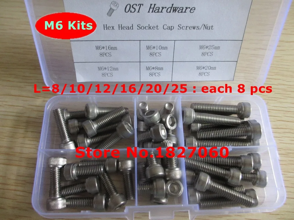 

48pcs M6 Screw Kits DIN912 Allen Bolts Hex Socket Head Cap Screw Assortment Kit M6*8/10/12/16/20/25mm