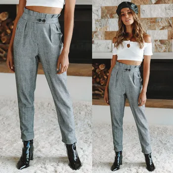 

Fashion Formal Loose Trousers Women Pants High Waist Drawstring Plaid Button Casual OL Long Cargo Pants