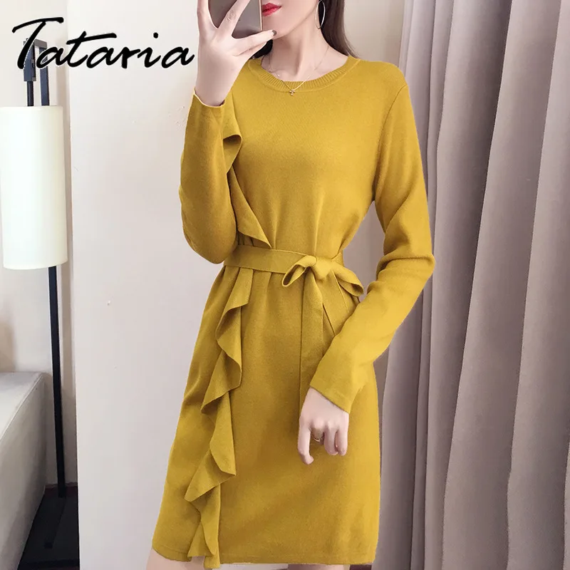 

Tataria Women Cascading Ruffle Knitted Slim Dress Women Sweater Party Dress Girls Vintage Knitted Dress Female Casual Dresses