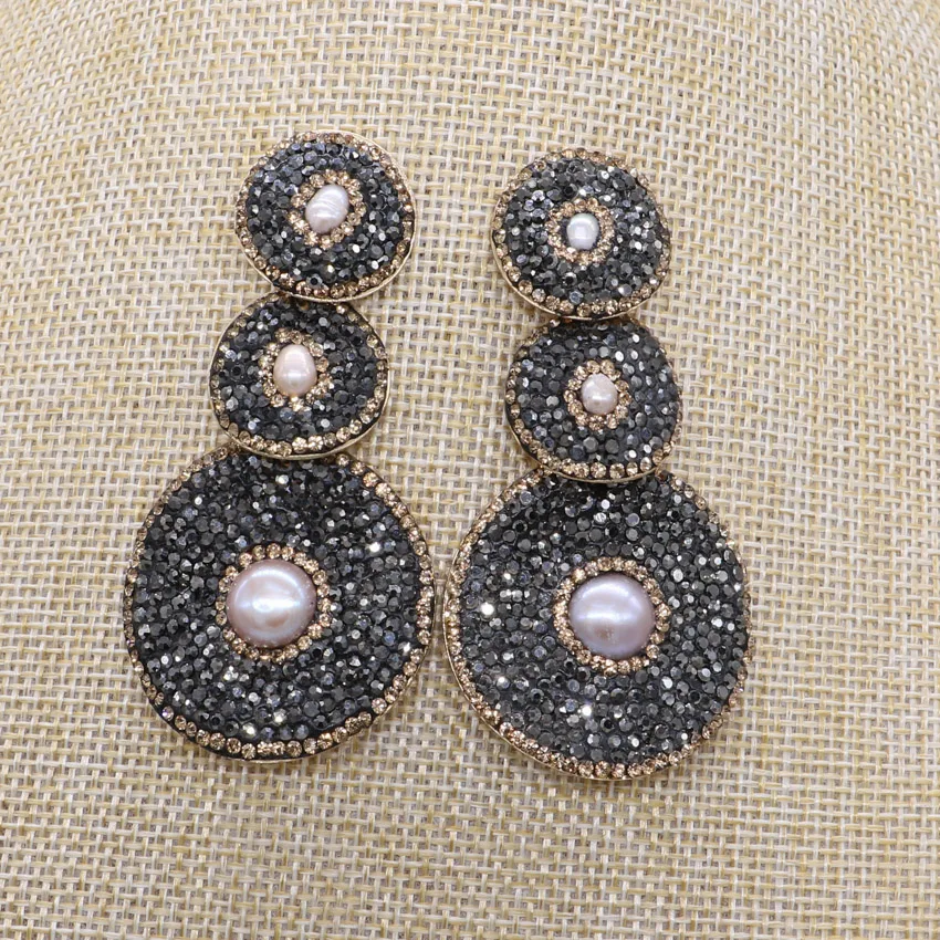 

Geometric 3 Round earrings with small pearl black round beads Rhinestone dangle earrings drop earrings Gems stone jewelry 1186