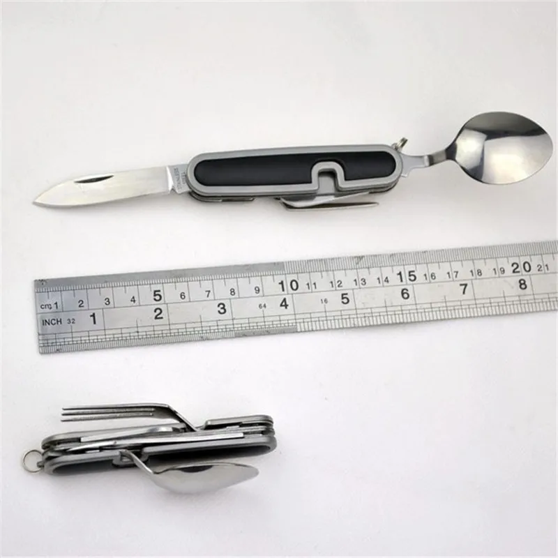 4 en 1 al aire libre vajilla (horquilla/cuchara/cuchillo/abrelatas de botella) camping DE ACERO INOXIDABLE plegable bolsillo Kits para senderismo supervivencia de viaje