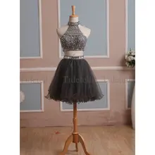 Beliebte Real Photo Zwei Stück Halfter Ärmellose Perlen Kristall Oben Knielangen Ballkleid Homecoming Kleid Cocktailkleid
