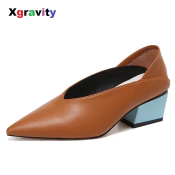 

Xgravity 4 Colors Size 34-40 Genuine Leather Chunky Abnormal Mid-Heeled Women Shoes Pointed Toe Dress Sexy V Design Shoes C023