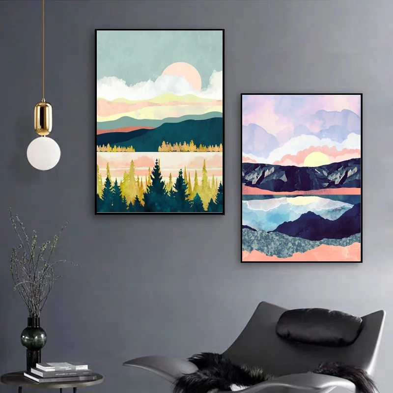 

Abstract landscape art Lake Forest and Reflection Canvas Poster Natural poster Wall Pictures for Living Room No Frame