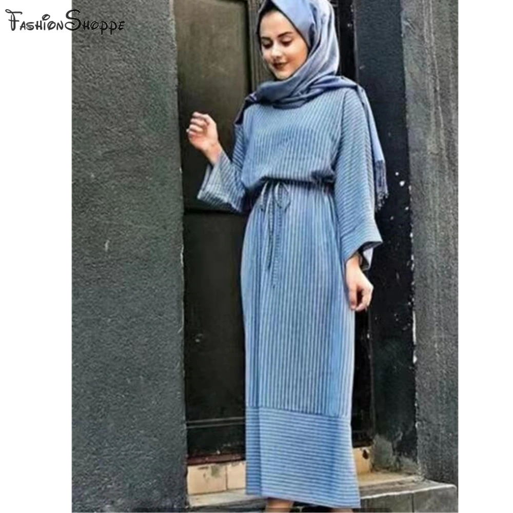 

Women Muslim Abaya Turkey Bangladesh Islamic Clothes Blue Pink Beige Striped Kaftan Dubai Caftan Robe Bandage Maxi Hijab Dress
