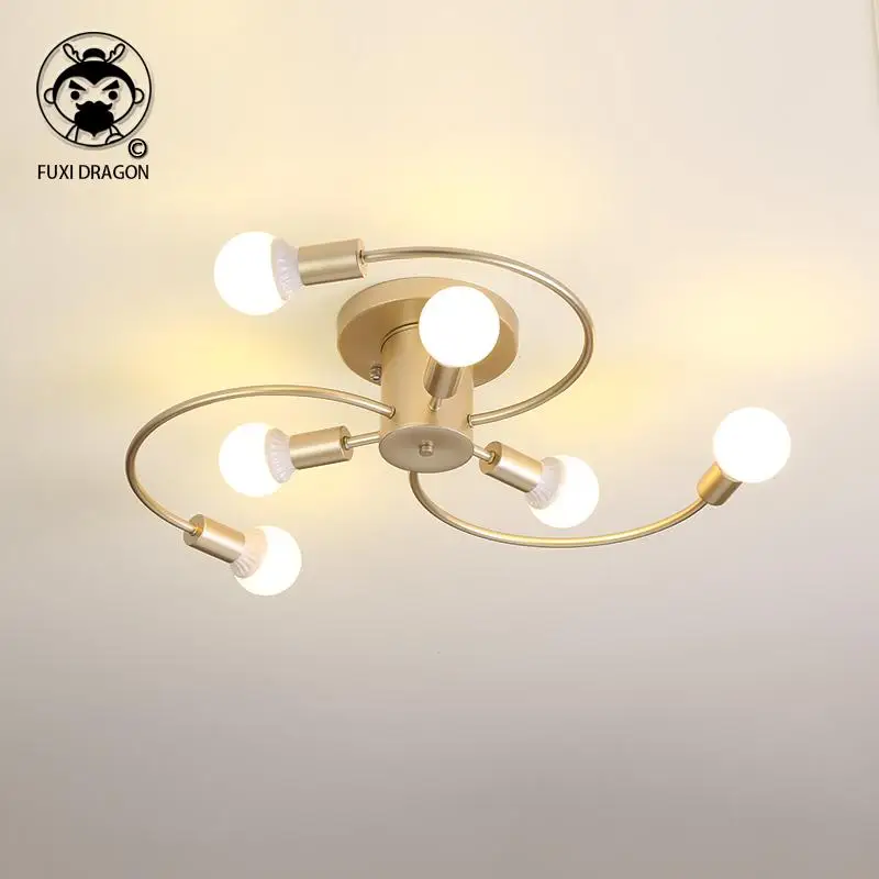 

Gold Iron Tube Whirl Ceiling Light Fixture Nordic Modern Simple Hanging Lamp Designer for Bedroom Dining Table Room Edison Bulb