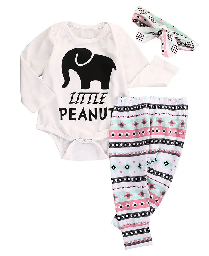 

Newborn Toddler Infant Baby Boy Girl Little Elephant Printed Long Sleeve Romper Pants Legging Outfits Headband 3PCS Set