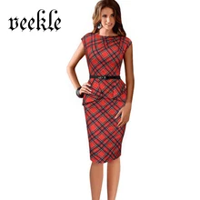 2016 New Womens Vintage Elegant Belted Tartan Peplum Ruched Tunic Work Party Cap Sleeve Bodycon Sheath Dress Femme Robe Kleider