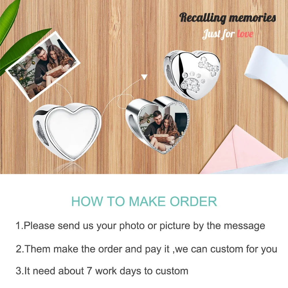 ELESHE DIY Personalized Jewelry 925 Sterling Silver Paw Print Heart Charms Custom Photo Beads Fit Original Pandora Bracelet