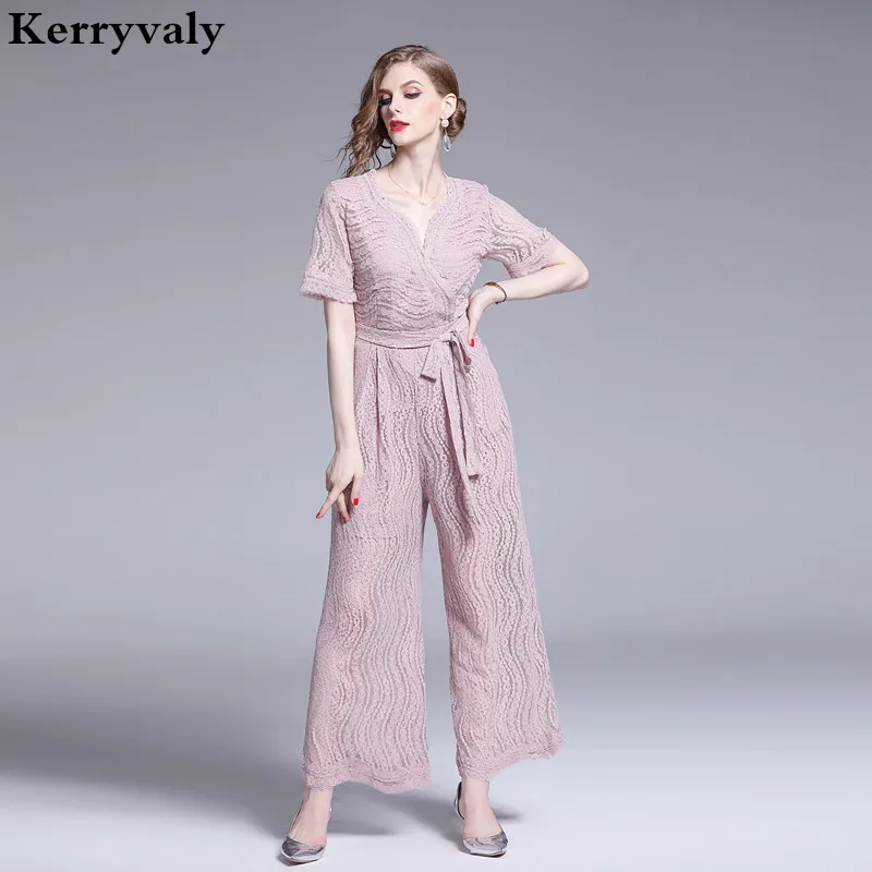

Summer Pink Lace Jumpsuit for Women Rompers 2019 High waist Wide-legged Bodysuit Overalls for Women Playsuit K3920