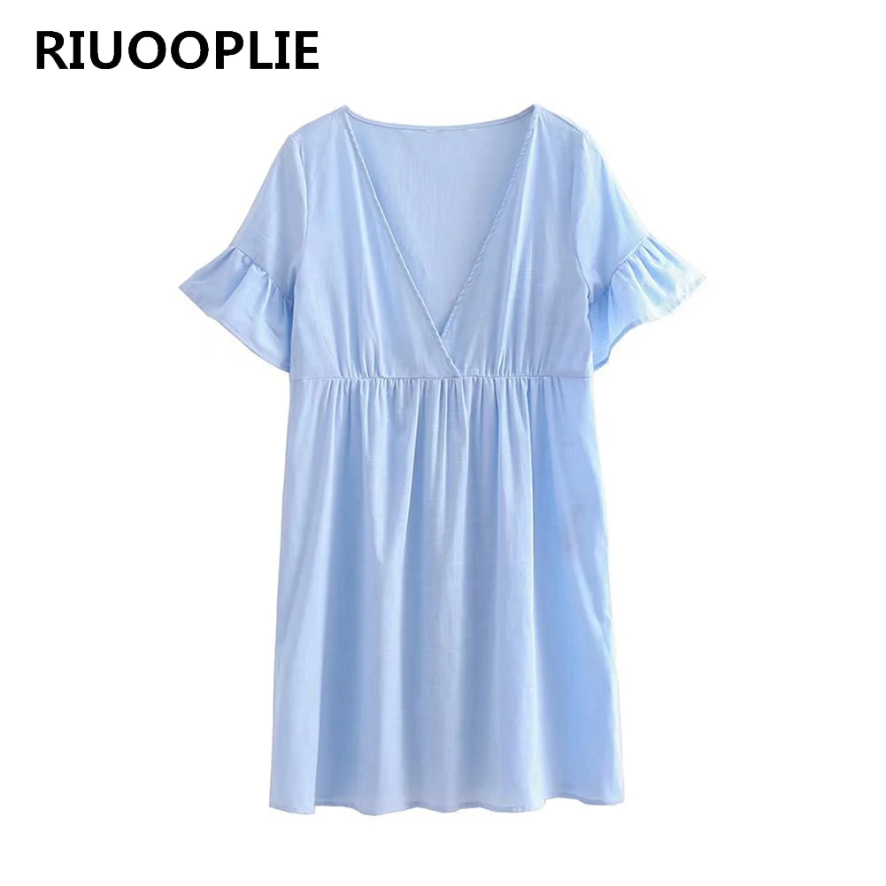 

RIUOOPLIE Women Cool Flax Blue V Neck Fold High Waist Pagoda Sleeve Loose Mini Dress