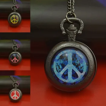 

fashion blue peace sign pocket watch necklace woman fob watches black round convex lens glass picture girl cute lady 2016 new