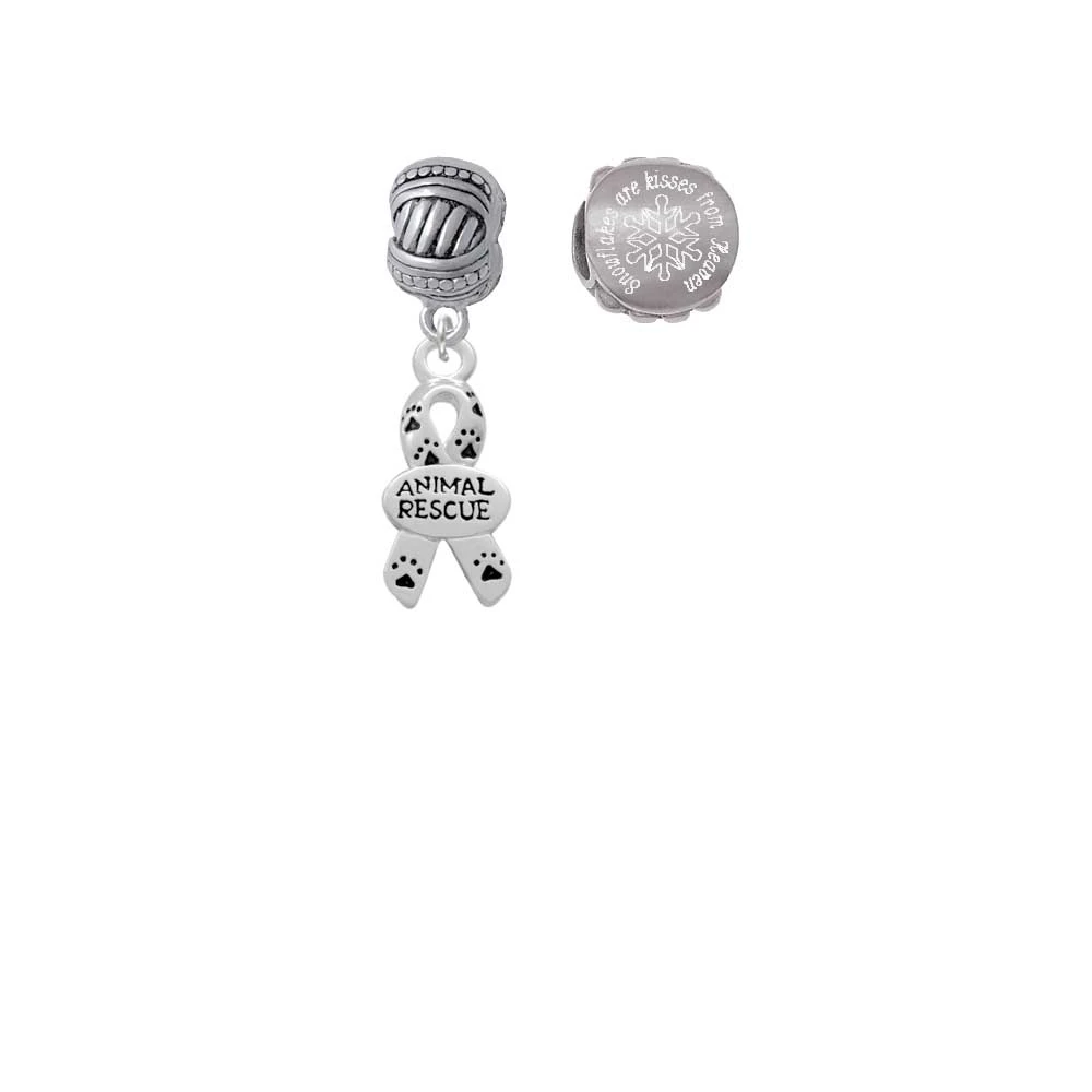 Silvertone Small Paw Print Ribbon ''Animal Rescue'' Snowflakes are Kisses from Heaven Charm Beads (Set of 2)