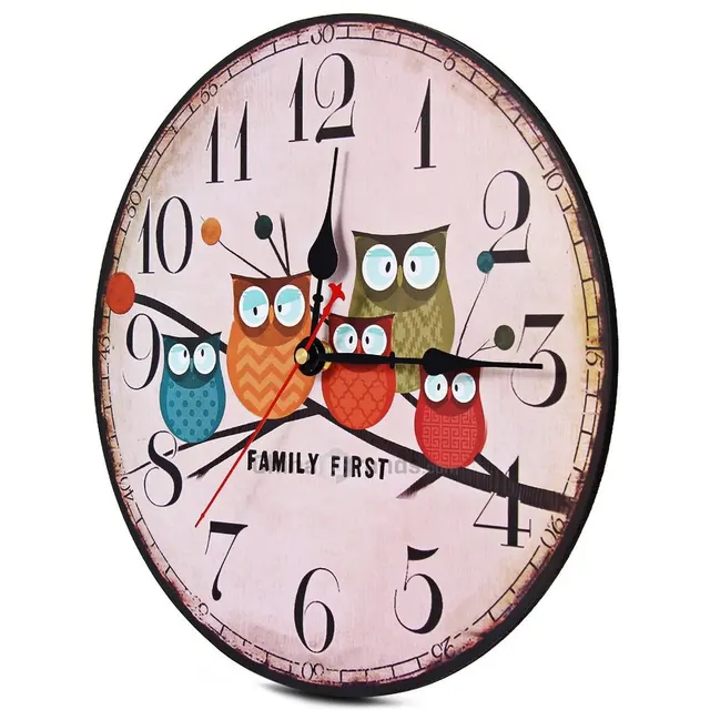 Modern Design Wooden Wall Clock Owl Vintage Rustic Shabby