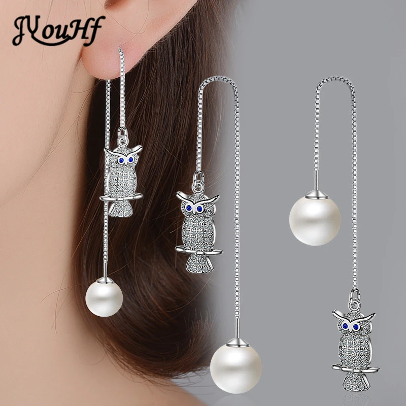 

JYouHF 925 Sterling Silver Pearl Earrings for Women Exquisite Fashion Lady Owl Animal Pending Drop Earrings Aretes Bijoux Femme