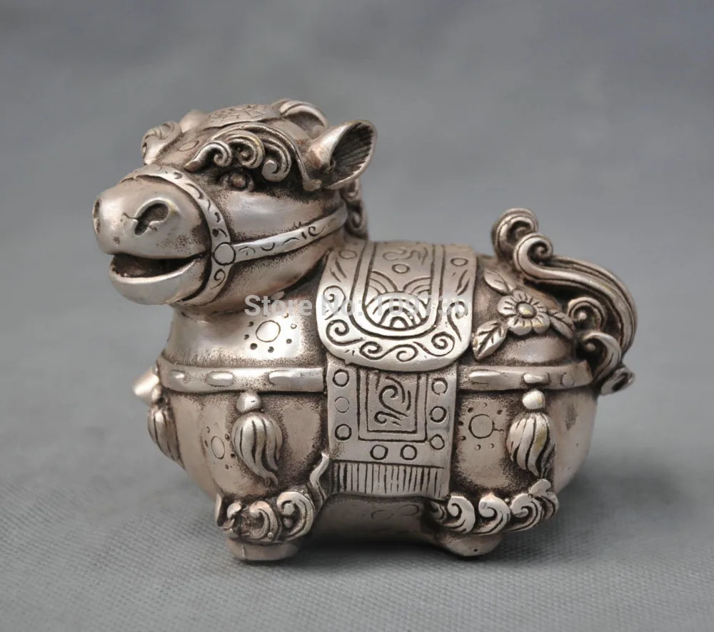 

001316 5'' China Silver Bronze Feng Shui Zodiac Horse Auspicious Bronze Statue