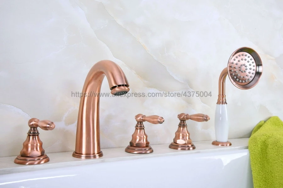 

Antique Red Copper Roman Bathtub Mixer Faucet Set with Handheld Shower Deck Mounted 5 Holes Hot and Cold Taps Ntf237