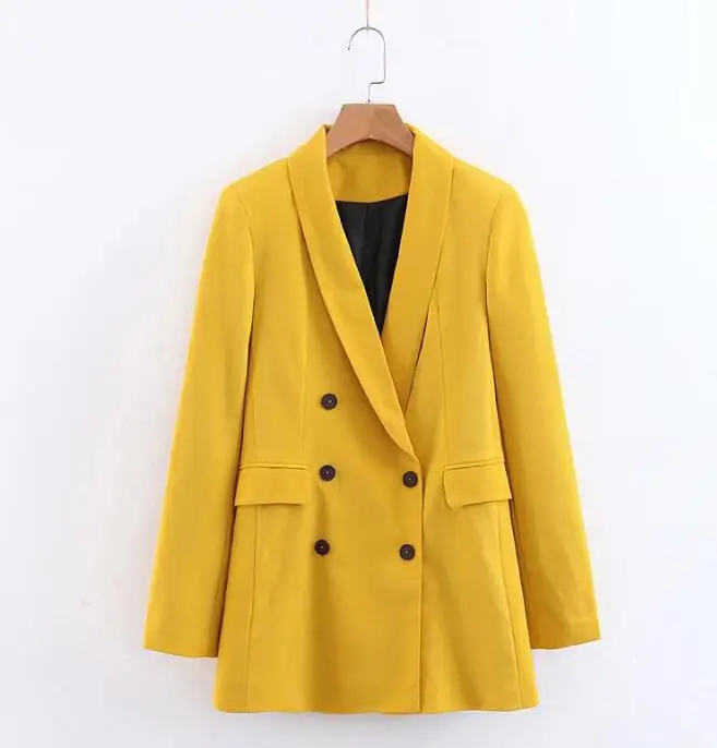 

2019 new ladies chic yellow blazer double-breasted long-sleeved office solid color casual top