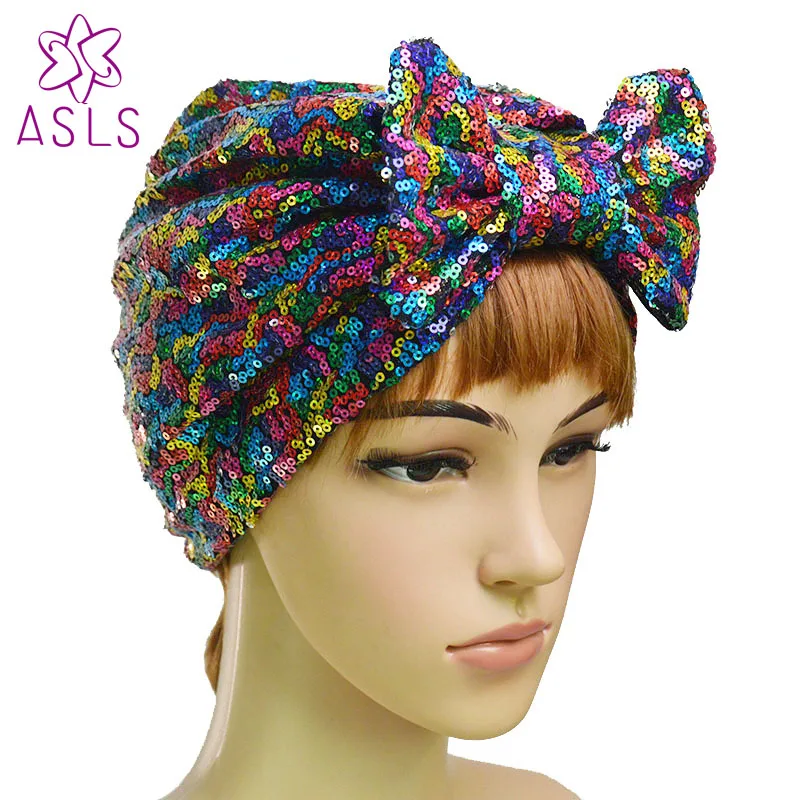 

2018 New Fashion Elegant Women Butterfly bow Sequins headscarf wrap head turban soft knotted turban Beanie Cap Turbante