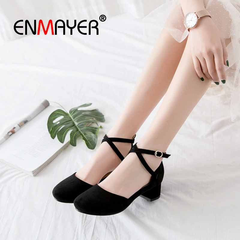 

ENMAYER Cow Suede Basic Med Square Heel Pumps Square Toe Wedding Buckle Strap Women Fashion Shoes Size 34-43 LY1634
