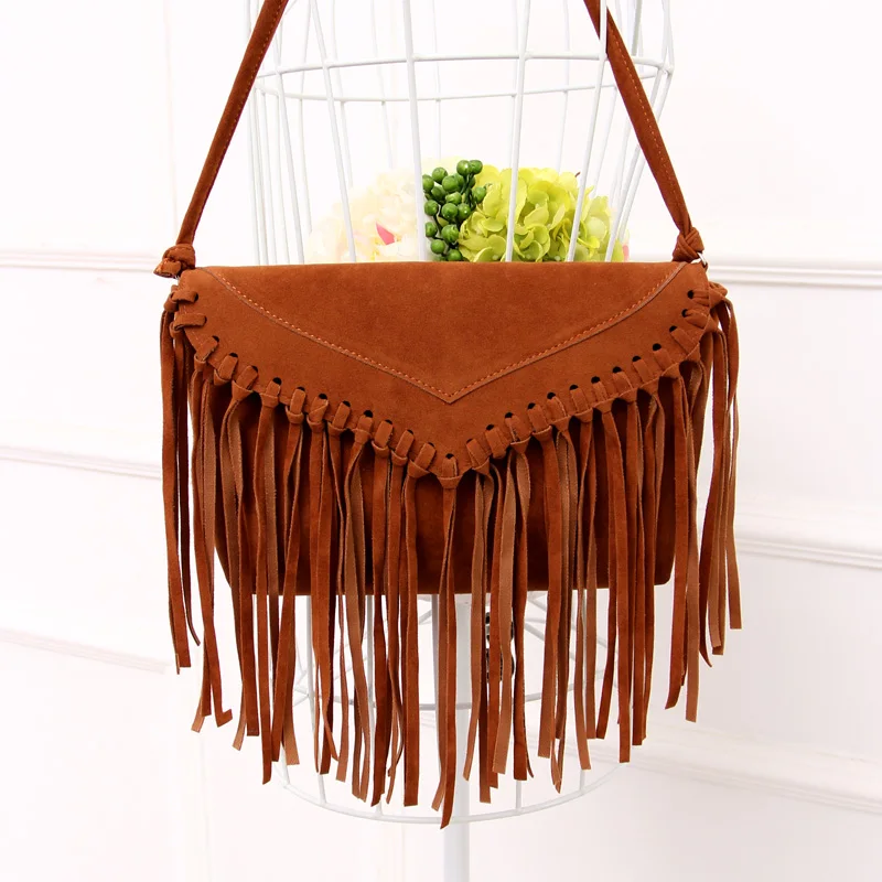 

2019 suede fabric one shoulder tassel bag women's day clutch fashion van bohemia cross-body bag small