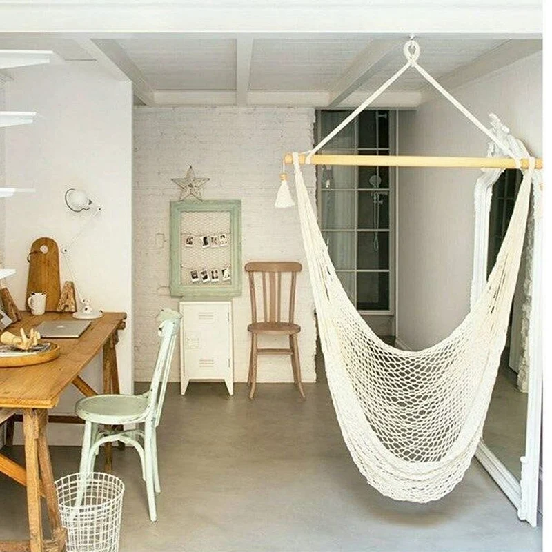 Hanging Rope Chair Beige Net Swing Seat Cotton Canvas Rope Hammock Cradle Chair With Wood Stretcherdoor Outdoor Garden Yard 2
