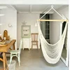 Hanging Rope Chair Beige Net Swing Seat Cotton Canvas Rope Hammock Cradle Chair With Wood Stretcherdoor Outdoor Garden Yard 2