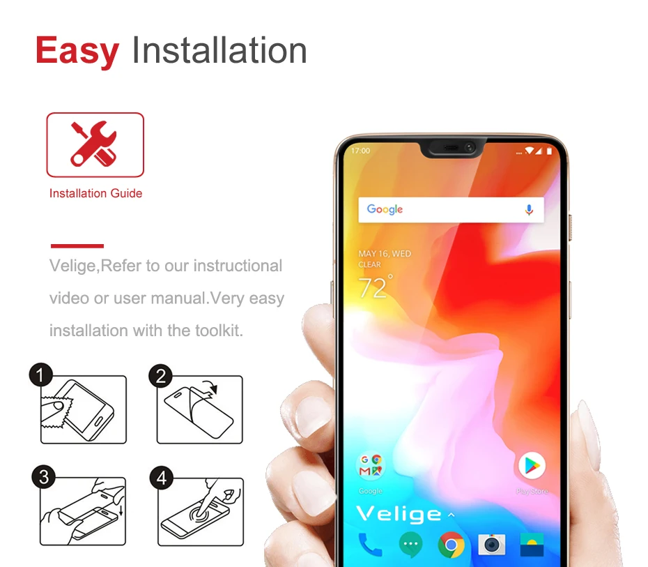 2 Pack Velige Tempered Glass Screen Protector For OnePlus 6 One Plus 6 OnePlus6 1+6 Full Cover 2.5D 9H Hardness Glass Flim (2)