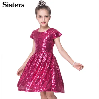 

SISRERS 2018 INS Fashion Girls Dress Sequin Short Sleeve Dress Party Dress Shiny Princess Boutique Clothing Golden Rose Red