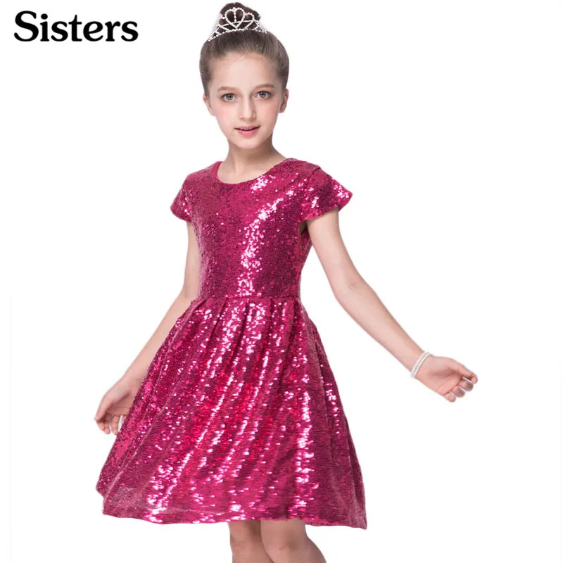 Cena SISRERS 2018 INS Fashion Girls Dress cekinowa sukienka z krótkim rękawem Party Dress Shiny Princess Boutique odzież Golden Rose Red
