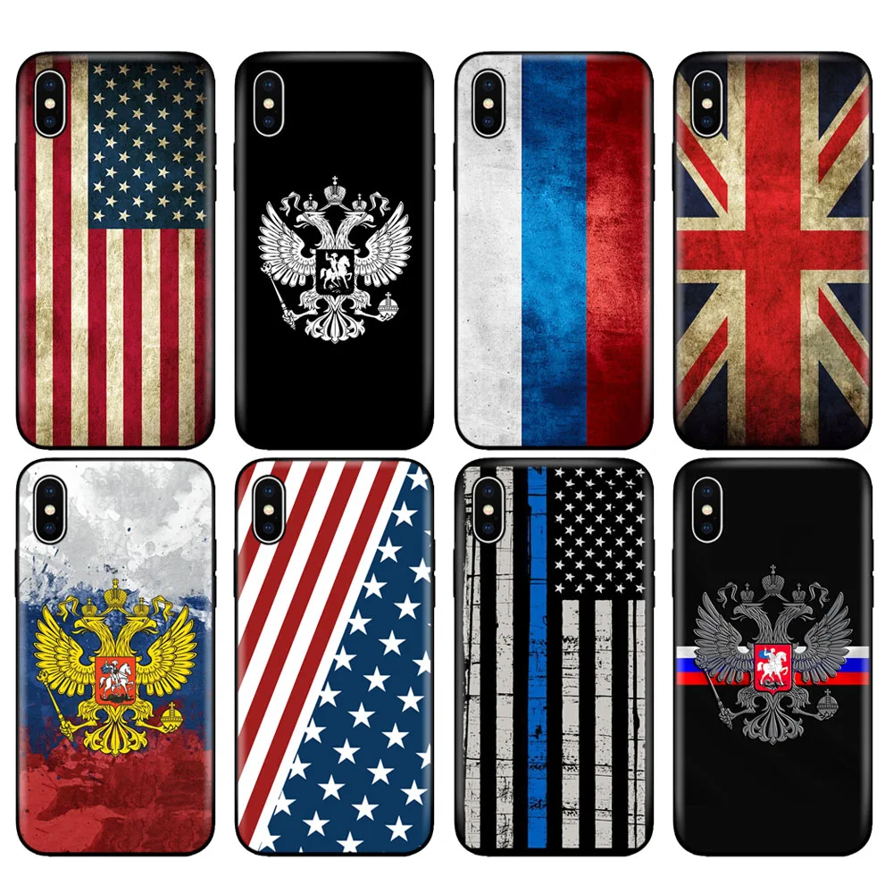Black tpu case for iphone 5 5s SE 2020 6 6s 7 8 plus x 10 XR XS 11 pro MAX Russian American British flag national emblem | Мобильные