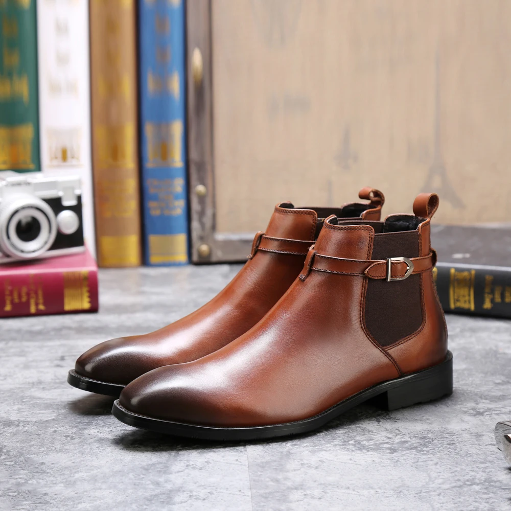 

Men's Chelsea Boots Casual Martin Boots Full Grain Leather Ankle Boots For Men's Snow Warm Leather Boots Buckle Moccasin Shoes