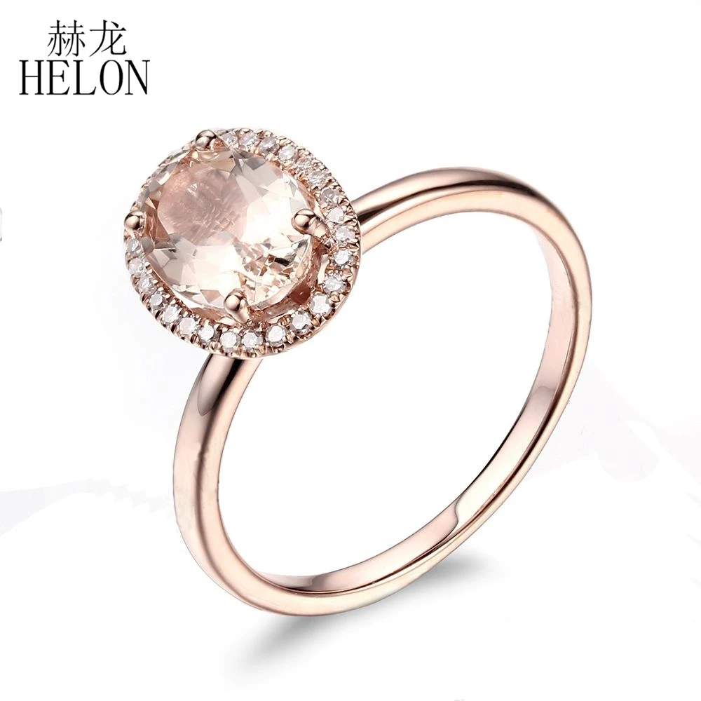 

HELON Solid 10K Rose Gold Pave Natural Diamonds 8x6mm Oval 1.21ct Morganite Engagement Wedding Ring For Women Jewelry Fine Ring