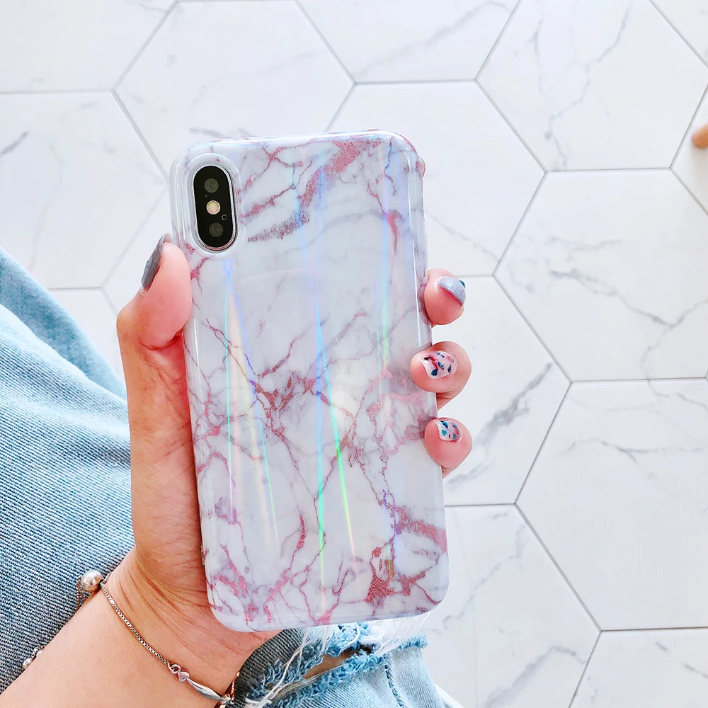 Case For iPhone X Xr Xs Max Cover Korean Laser Marble Skin Soft TPU Girly  (10)